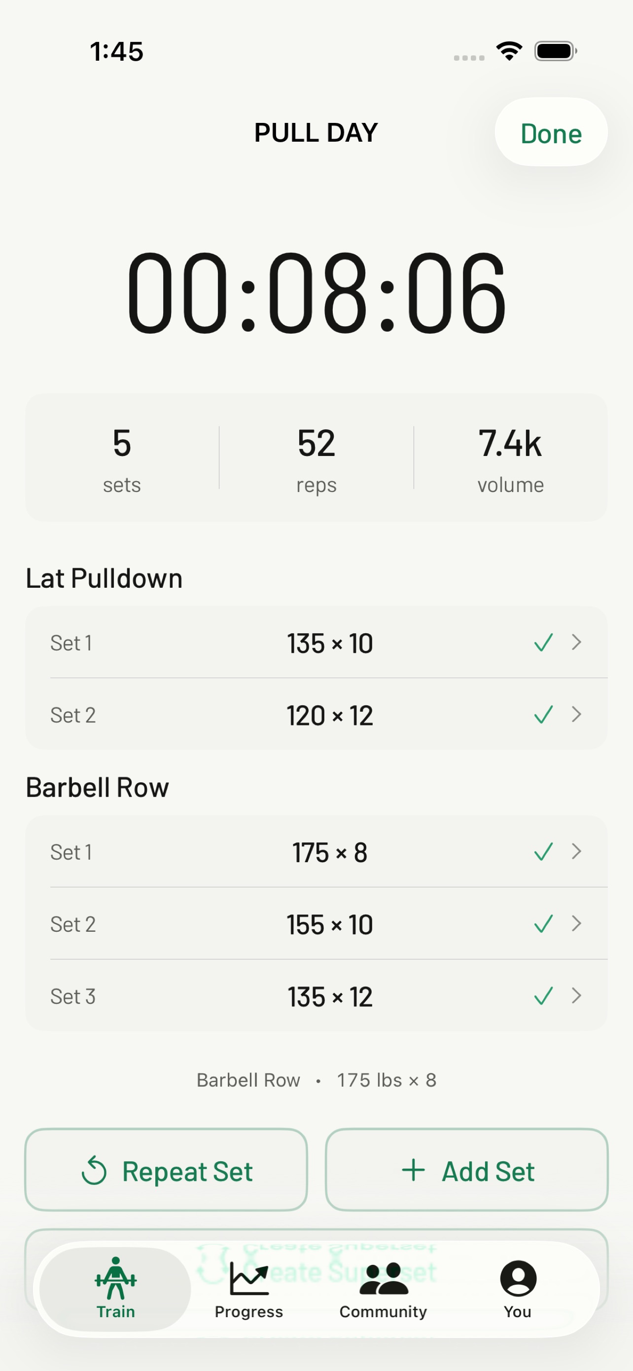 Tolma active Pull Day workout: 8:06 timer, 5 sets, 52 reps, 7.4k volume, Lat Pulldown and Barbell Row sets