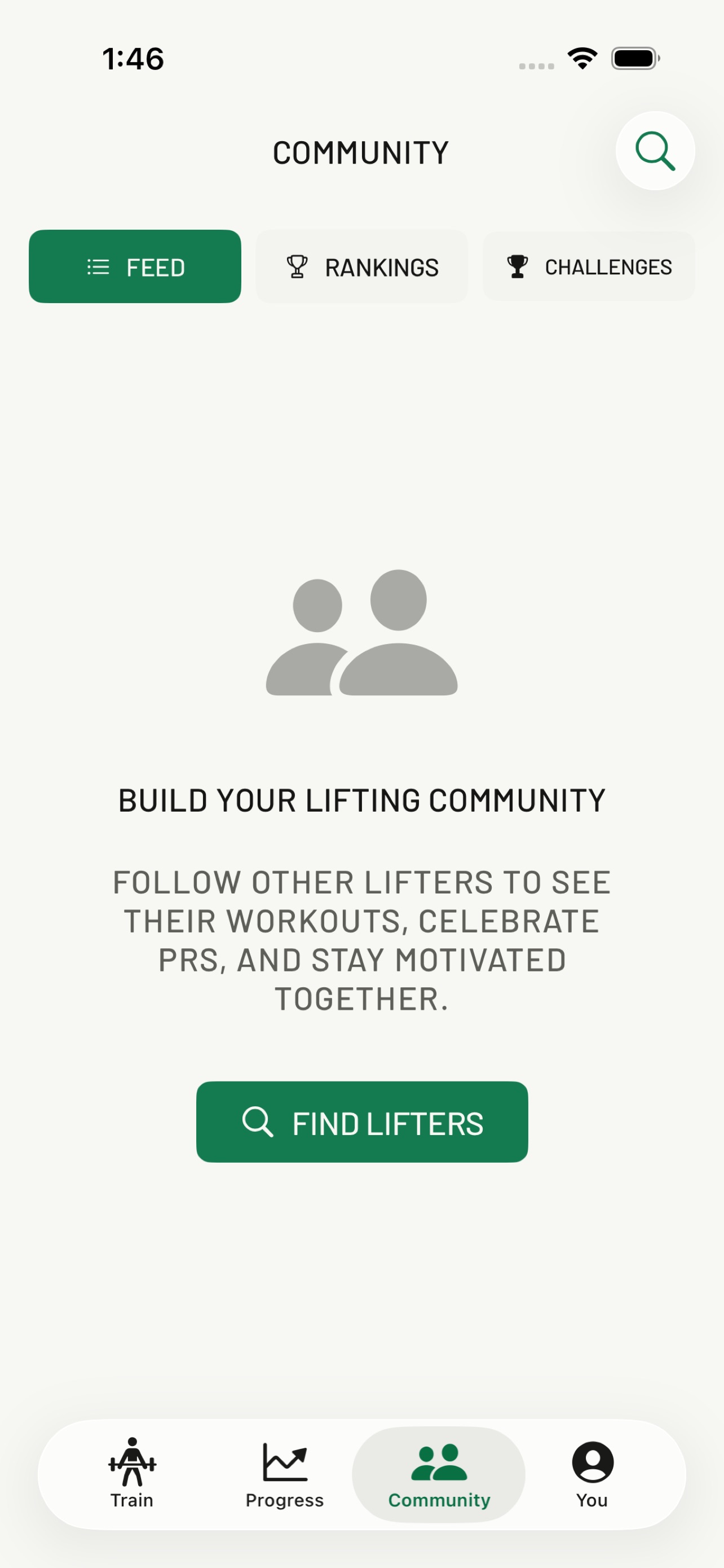 Community tab with Feed, Rankings, and Challenges and a Find Lifters button