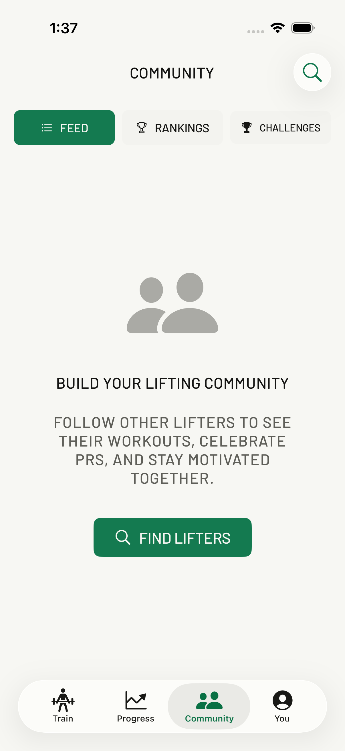 Community tab with Feed, Rankings, and Challenges tabs and Find Lifters button
