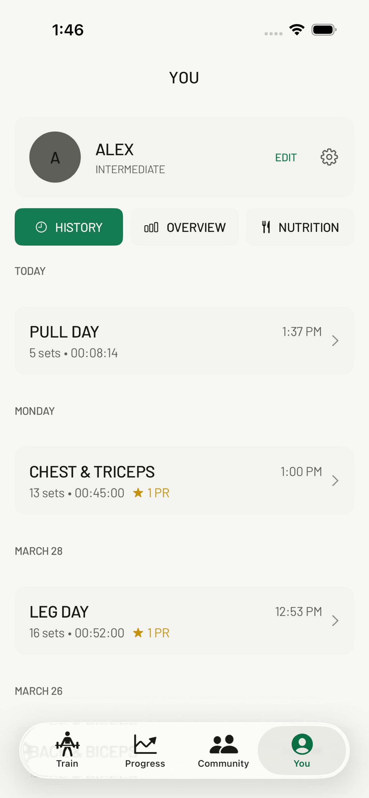 You tab History: Pull Day, Chest & Triceps, and Leg Day sessions with sets, duration, and PR badges