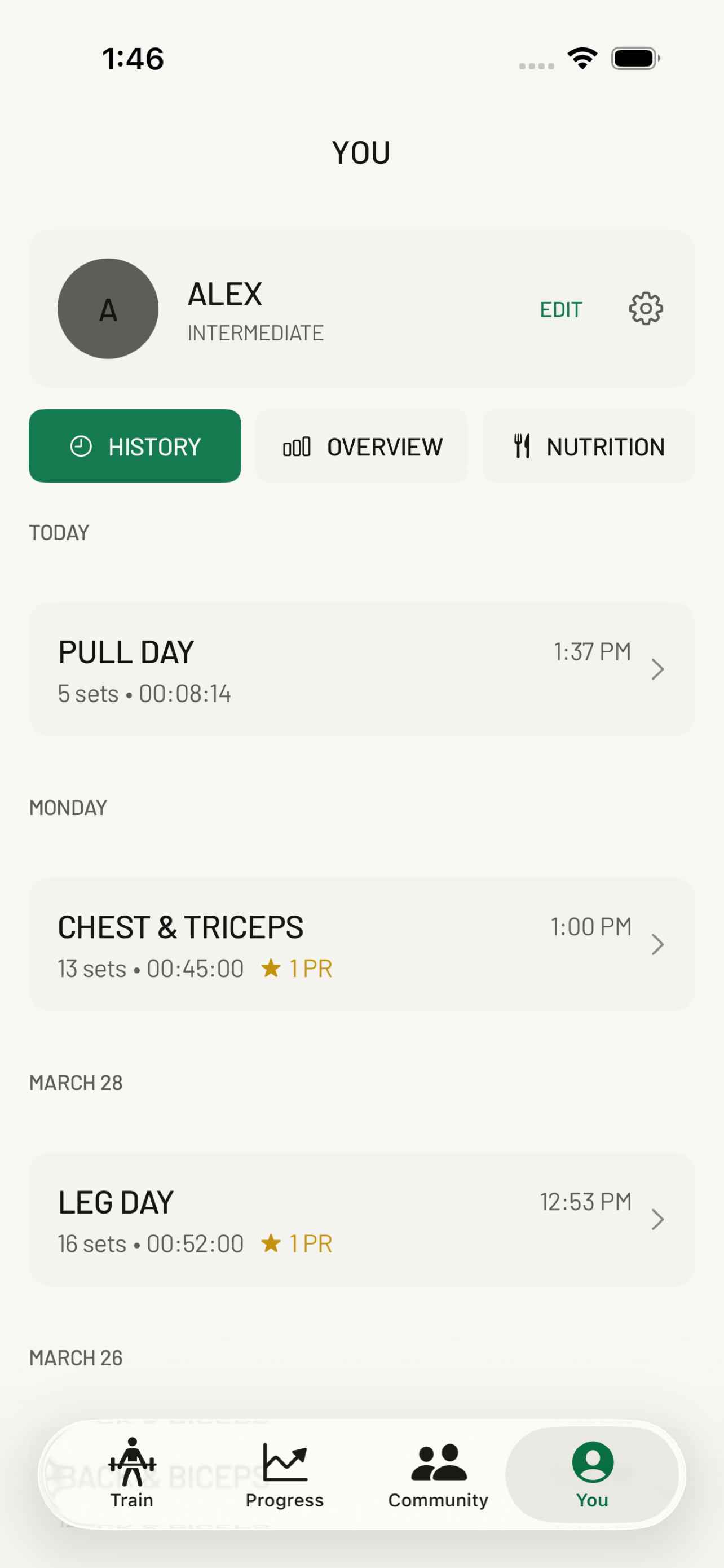 Profile History tab showing a log of Chest & Triceps workouts with sets and duration