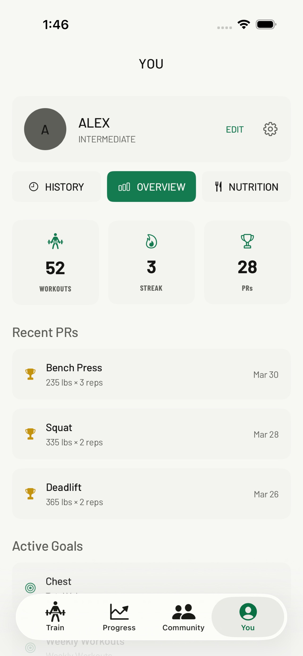 You tab Overview: 52 workouts, 3-day streak, 28 PRs, and recent Bench Press, Squat, and Deadlift PRs