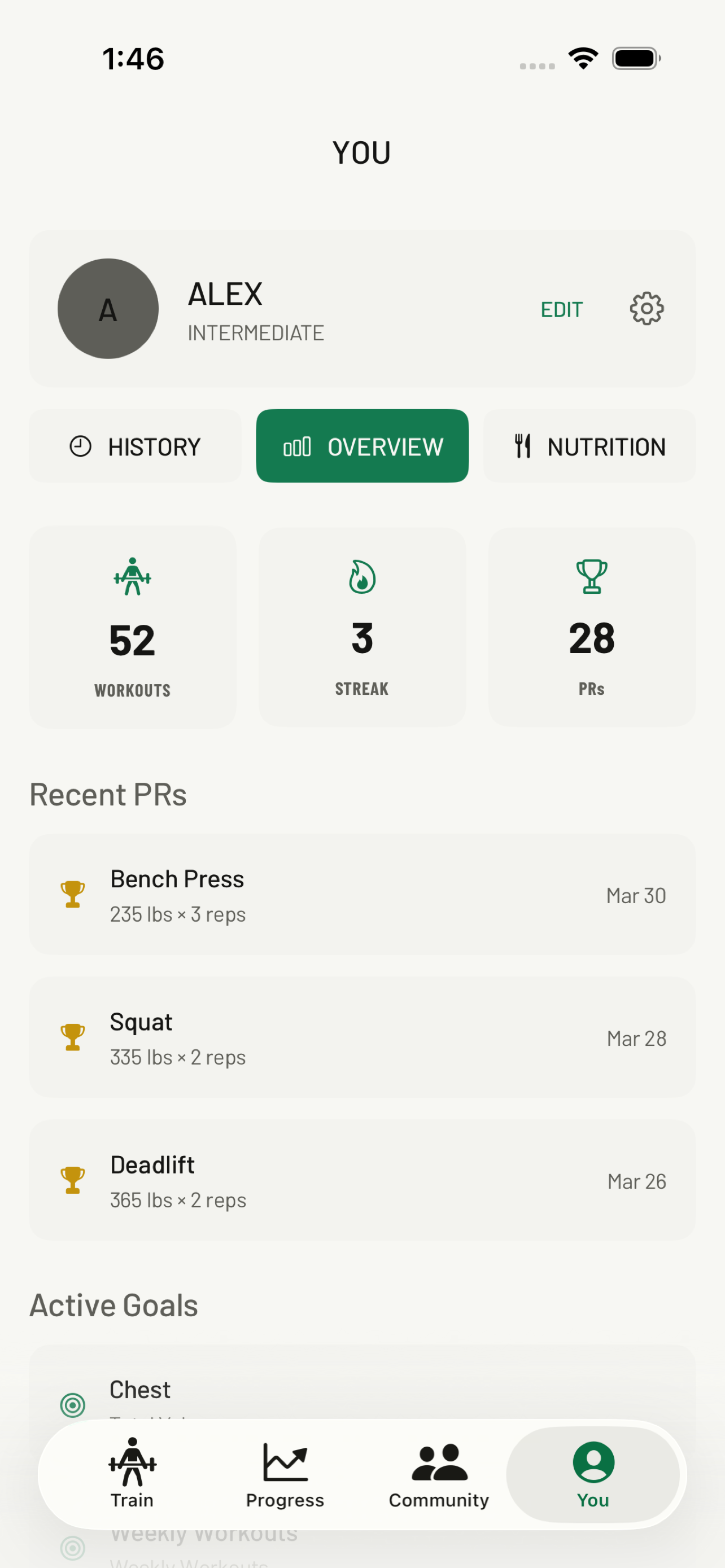 Tolma Profile showing 46 workouts, 3-day streak, 24 PRs, and active goals