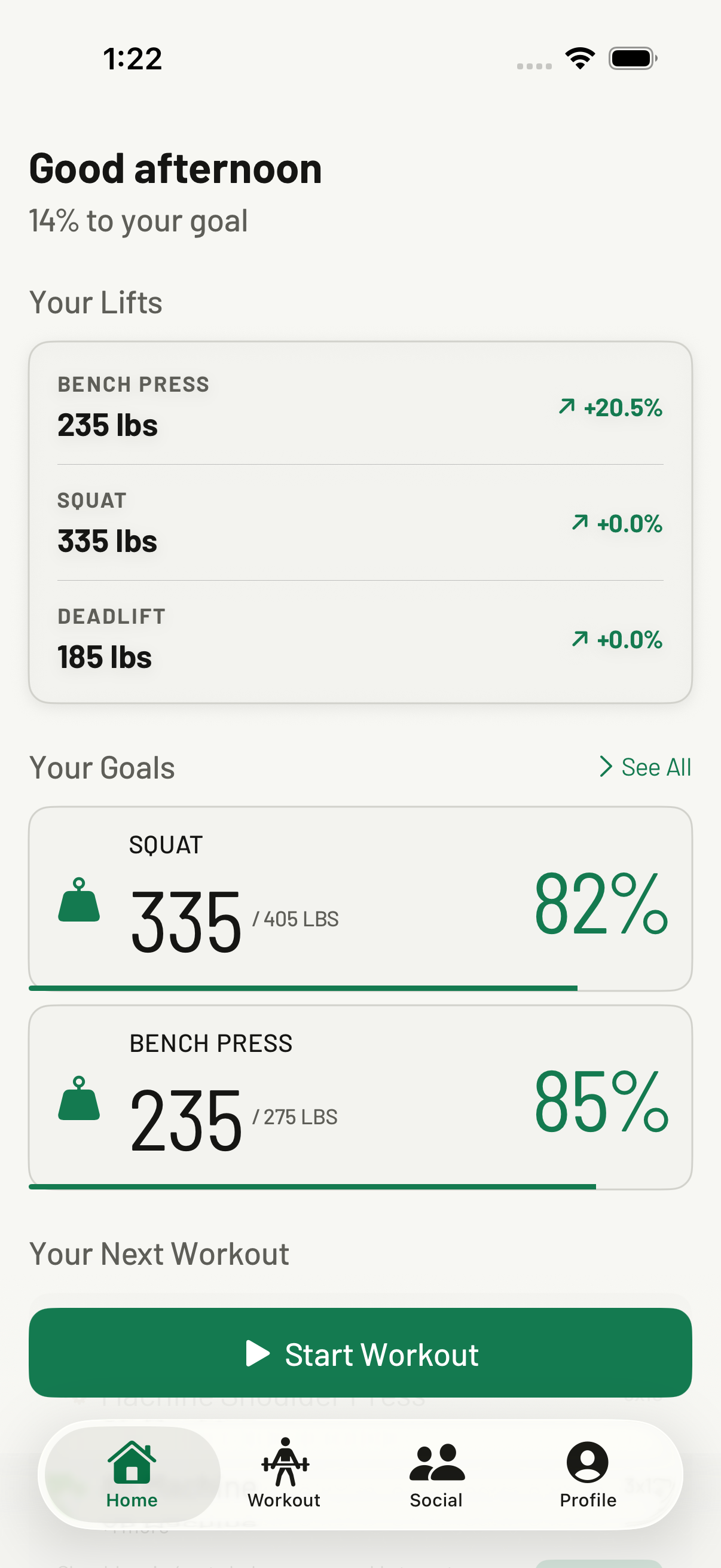 Tolma Dashboard showing workout stats, goals, and next workout