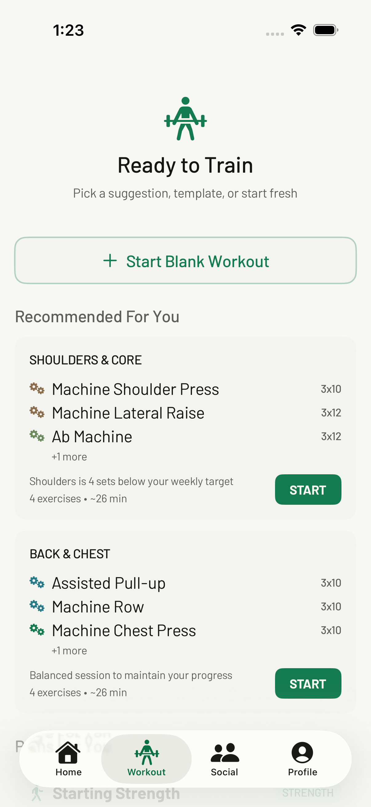 Workout templates and smart recommendations