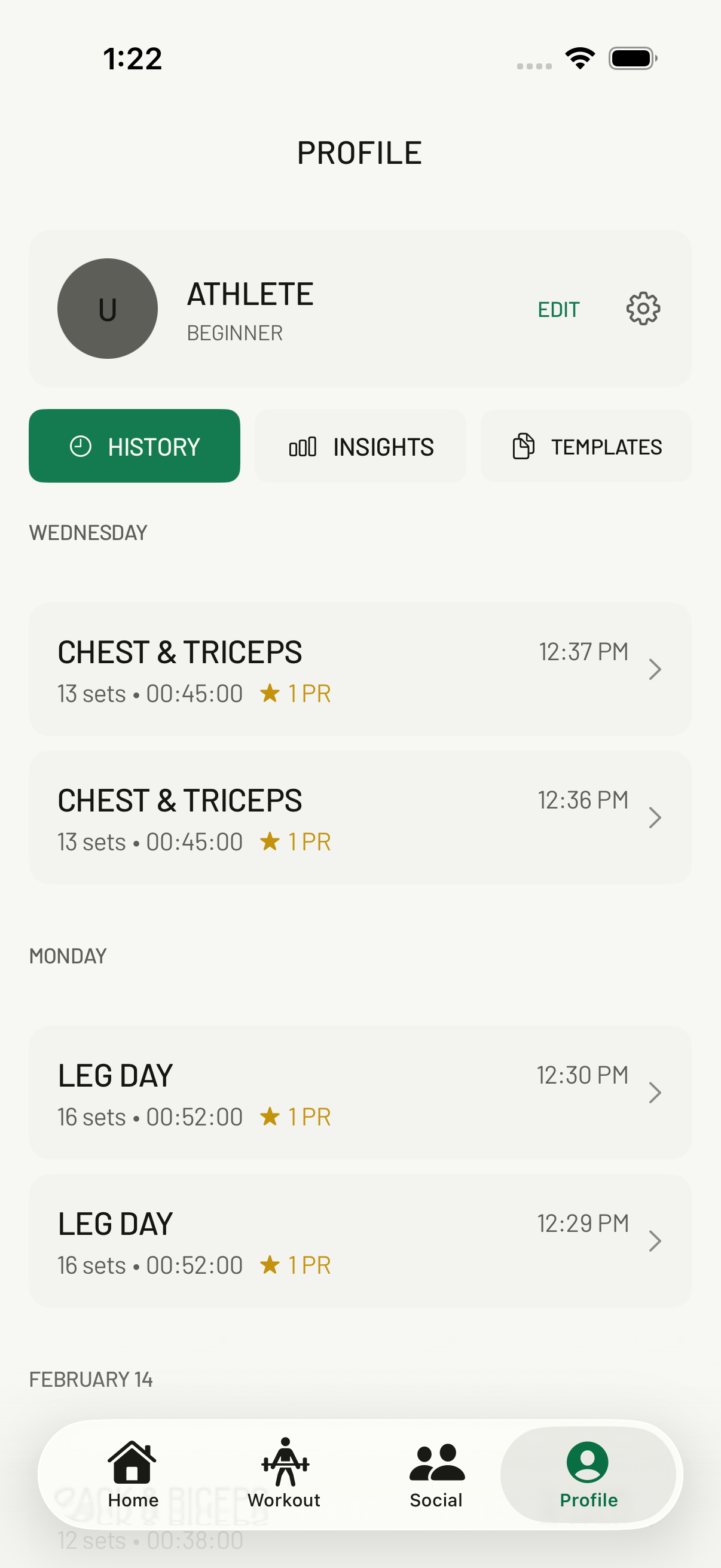 Workout history with PR tracking