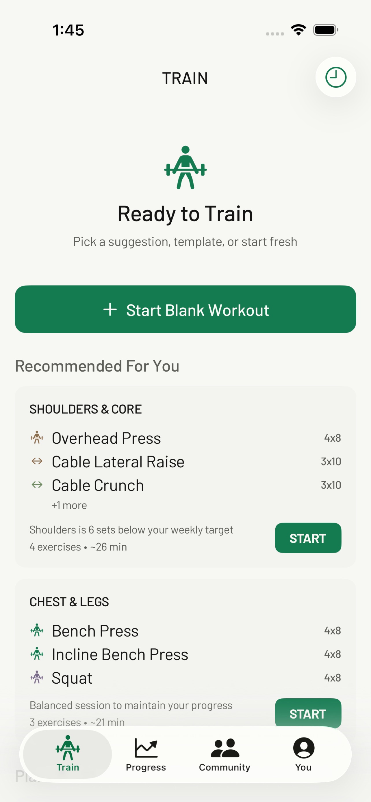 Train tab: Ready to Train with Start Blank Workout and recommended Shoulders & Core and Chest & Legs sessions