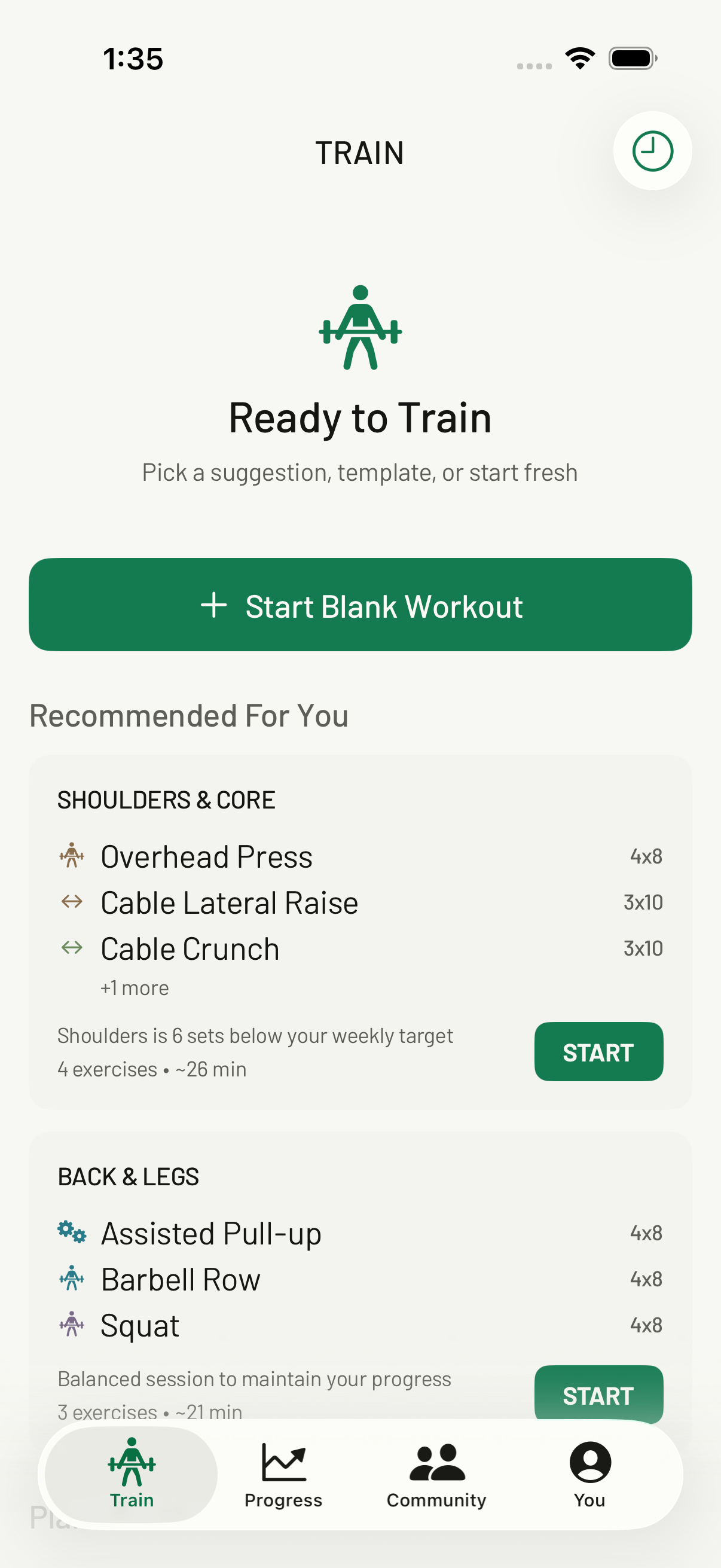 Train tab with personalized workout suggestions for Shoulders & Core and Back & Legs